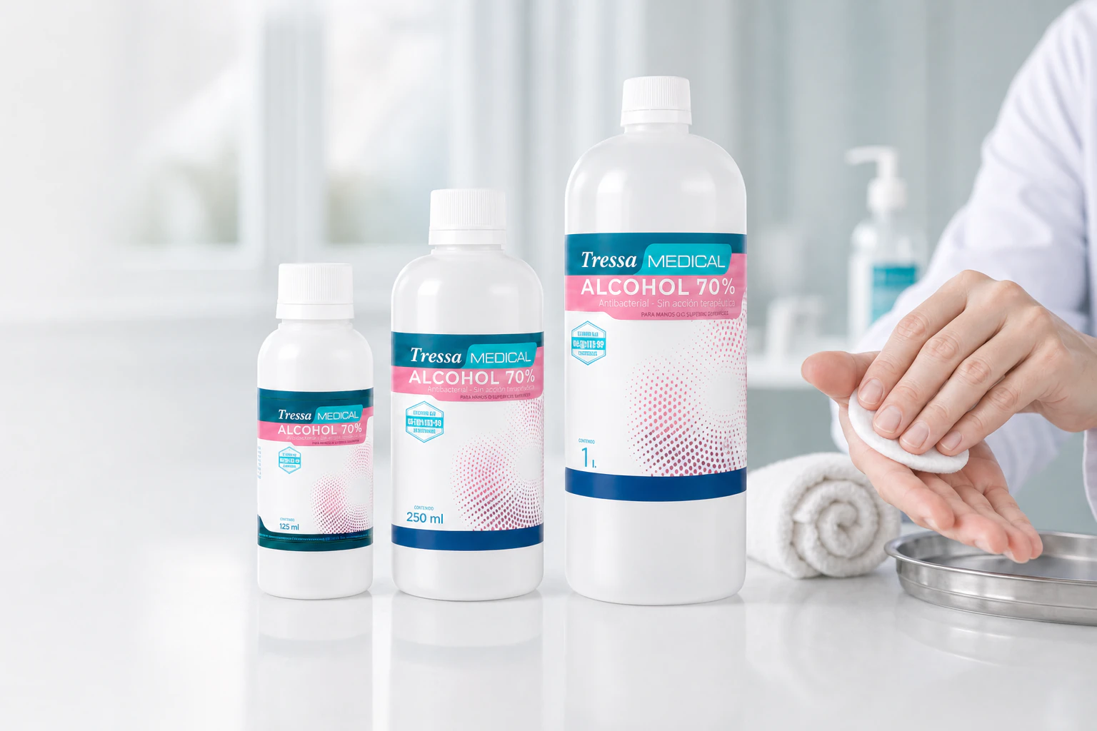 Alcohol Etílico Desnaturalizado 70° Tressa Medical para uso tópico en piel y manos, disponible en 125 mL, 250 mL y 1 L, sobre superficie clínica