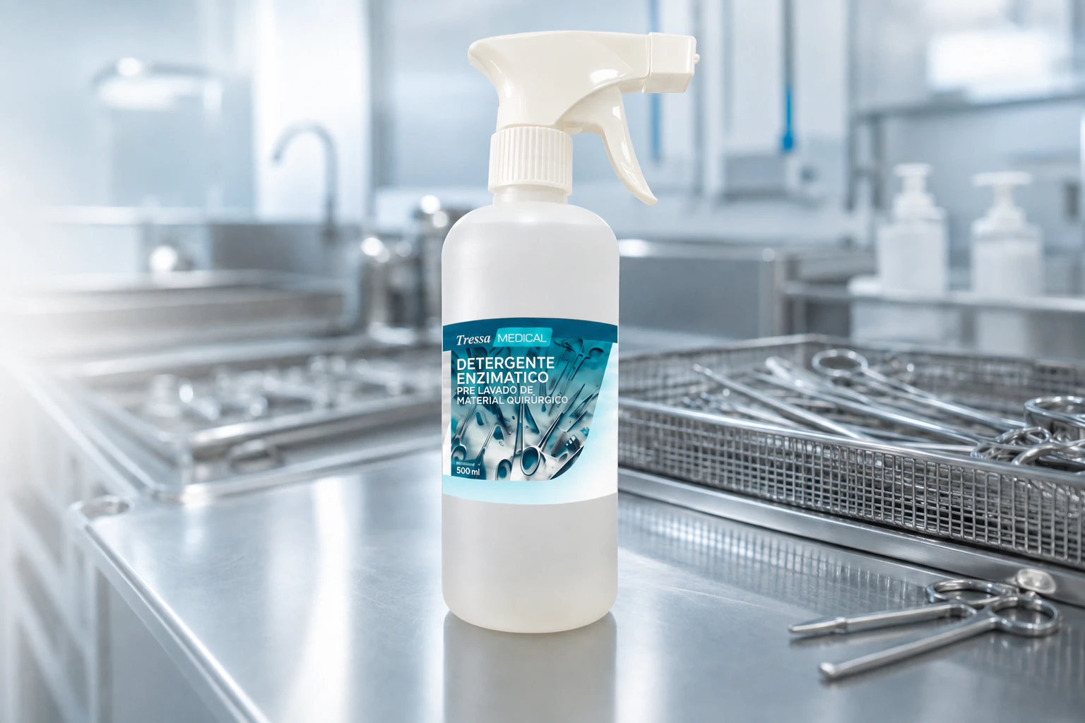 Detergente Enzimático Tressa Medical para lavado de material quirúrgico, con blend de 6 enzimas y pH neutro, en entorno clínico