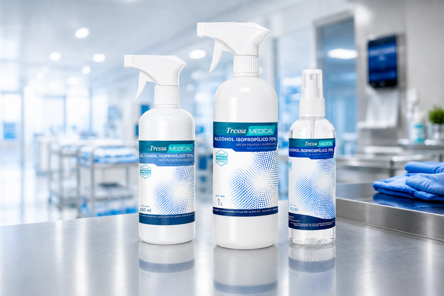 Alcohol Isopropílico 70° Tressa Medical, desinfectante para uso en equipos y superficies, no requiere enjuague y de rápida evaporación, disponible en 140 mL, 250 mL y 1 L, en entorno hospitalario