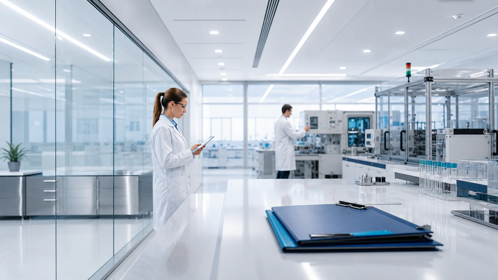 Profesional revisando documentación regulatoria en un laboratorio clínico