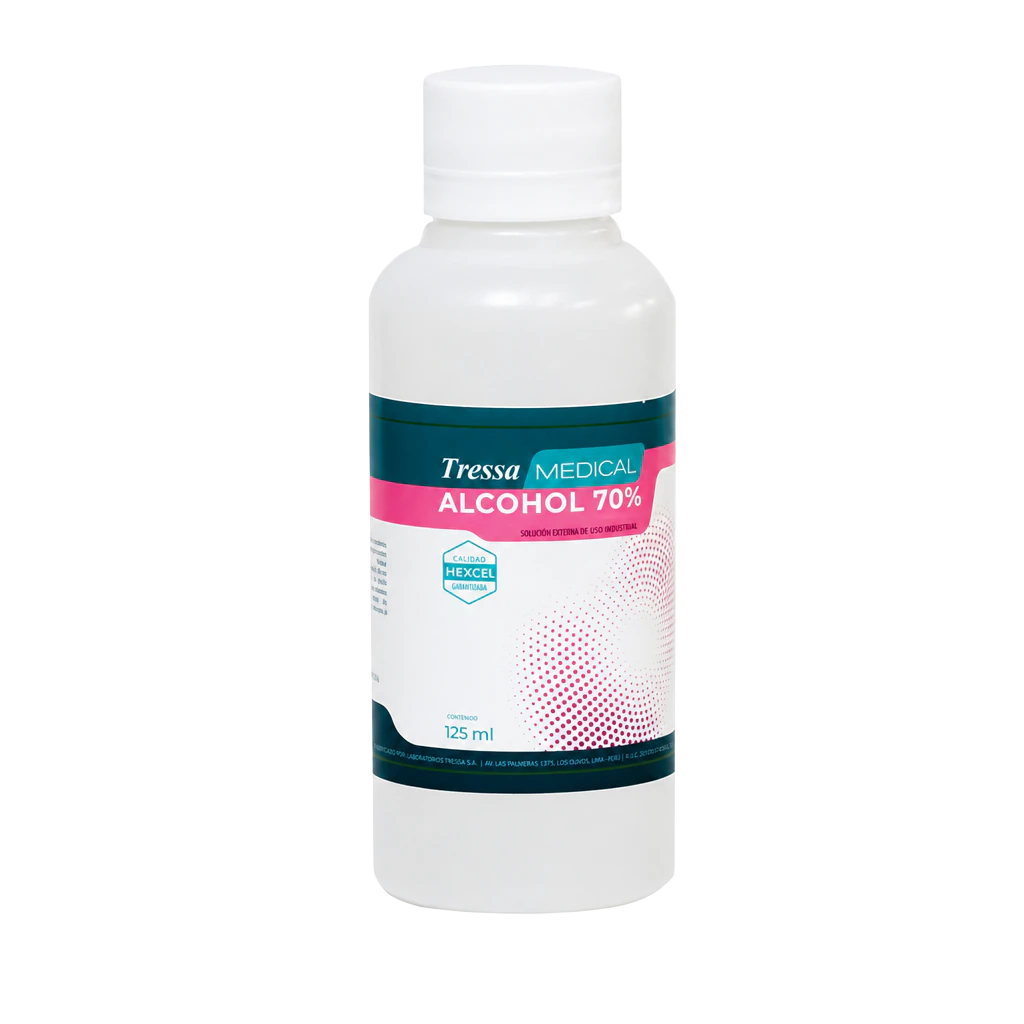 Alcohol 70° 125 ml, alcohol de uso tópico para la piel, Tressa Medical