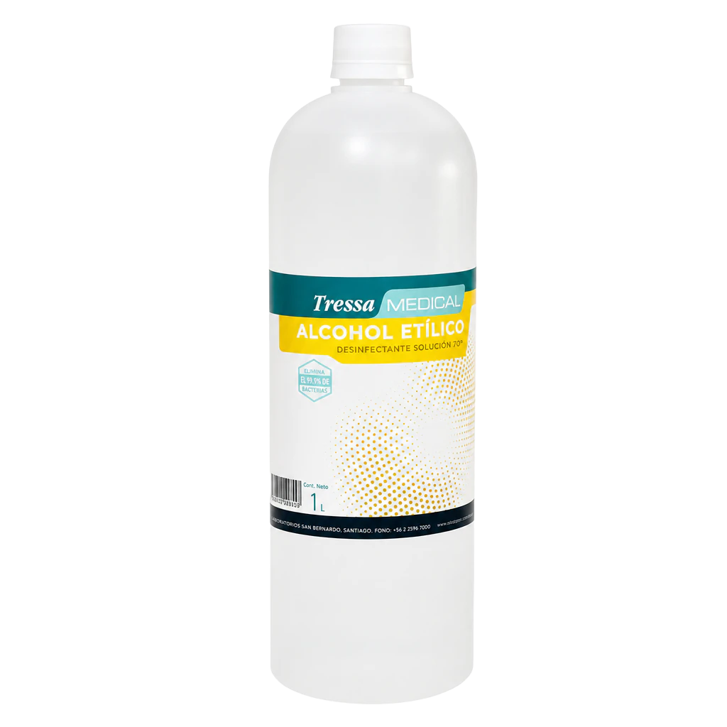 Alcohol Etílico Desinfectante Solución 70° 1 L, alcohol desinfectante para uso en superficies, Tressa Medical