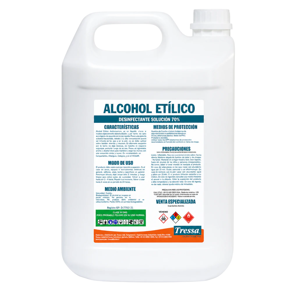 Alcohol Etílico Desinfectante Solución 70° 5 L, alcohol desinfectante para uso en superficies, Tressa Medical