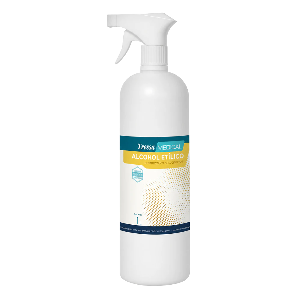 Alcohol Etílico Desinfectante Solución 70° Spray 1 L, alcohol desinfectante para uso en superficies, Tressa Medical