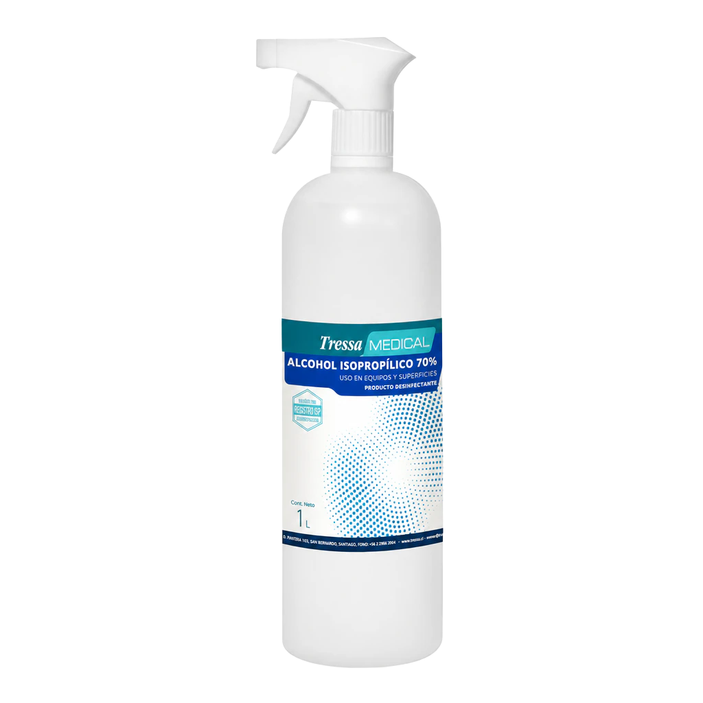 Alcohol Isopropílico 70° Spray 1L, alcohol isopropílico desinfectante para superficies, Tressa Medical