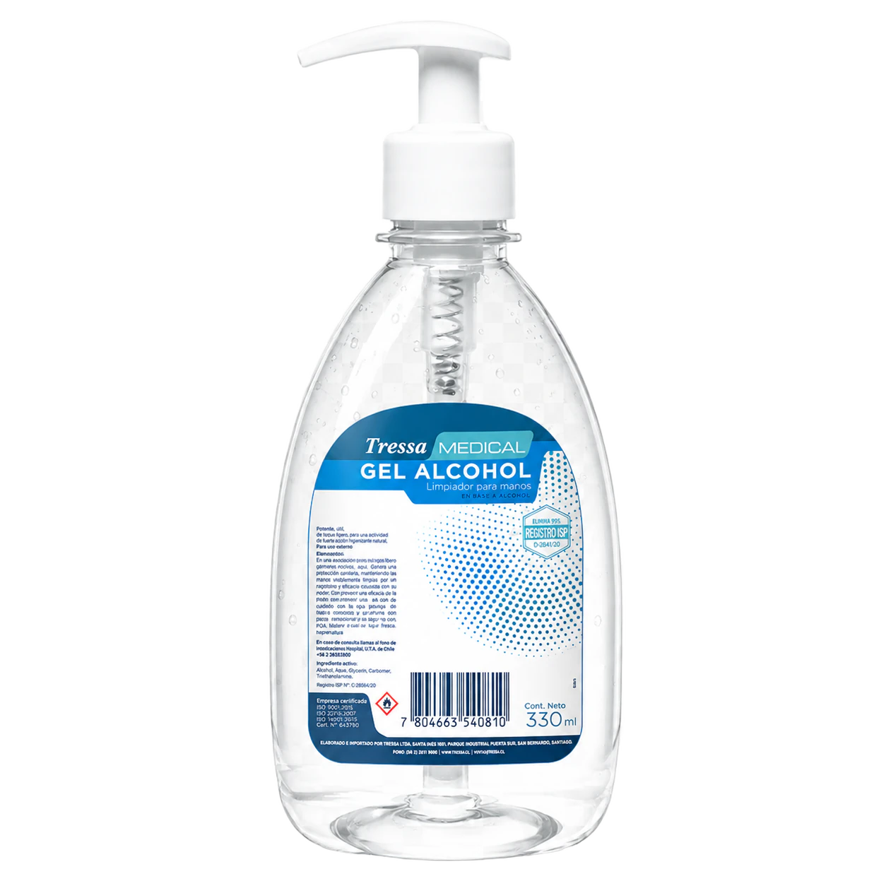 Gel Alcohol 330 ml, gel alcohol, uso en manos, Tressa Medical