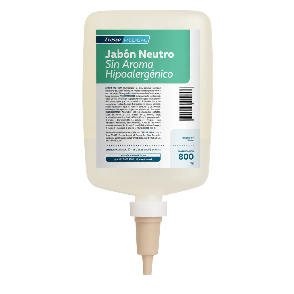 Jabón Neutro Sin Aroma Hipoalergénico Frasco Colapsable 800 ml, jabones para manos y piel, Tressa Medical